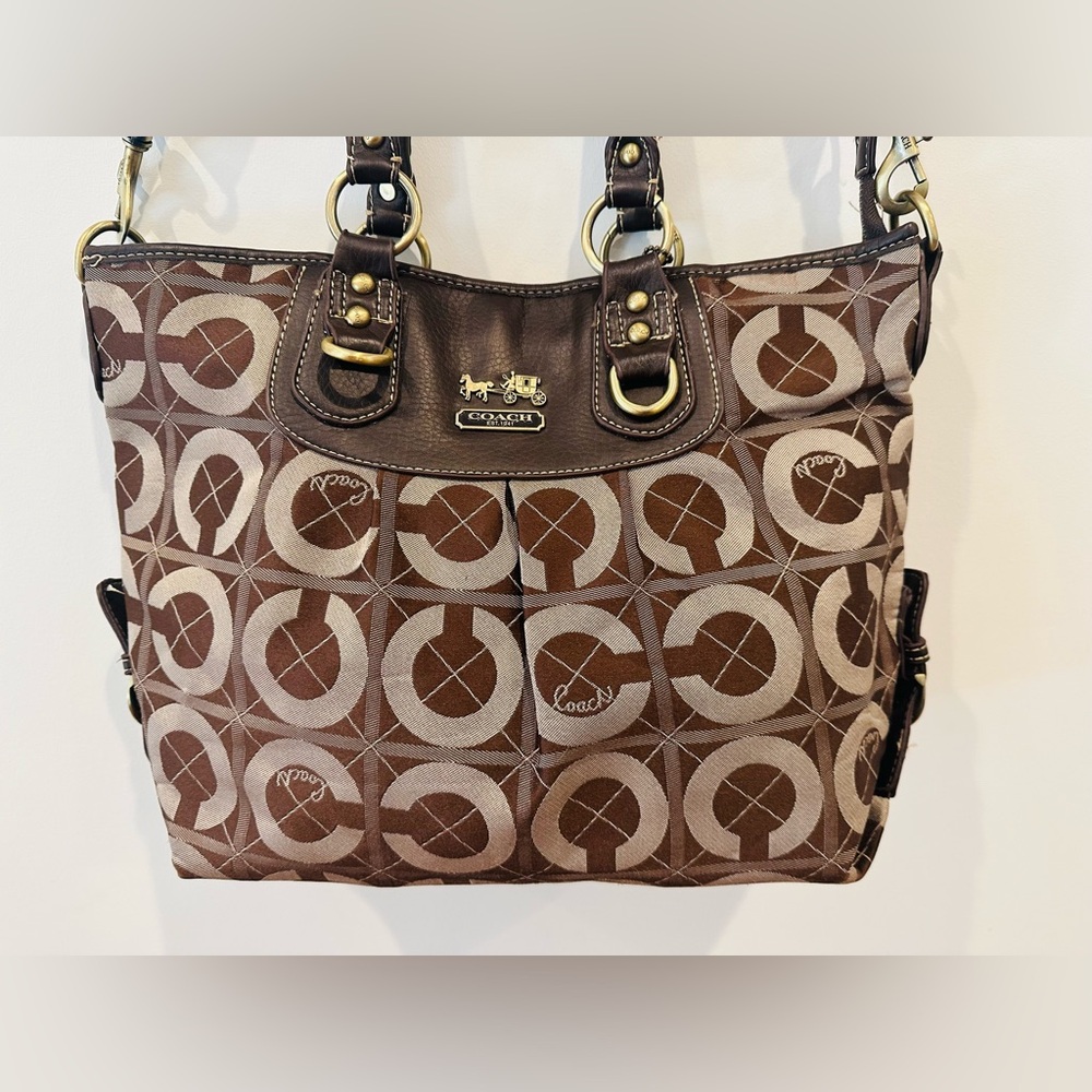 Coach Madison Sabrina Op Art Signature Bag Convertible Satchel Purse brown